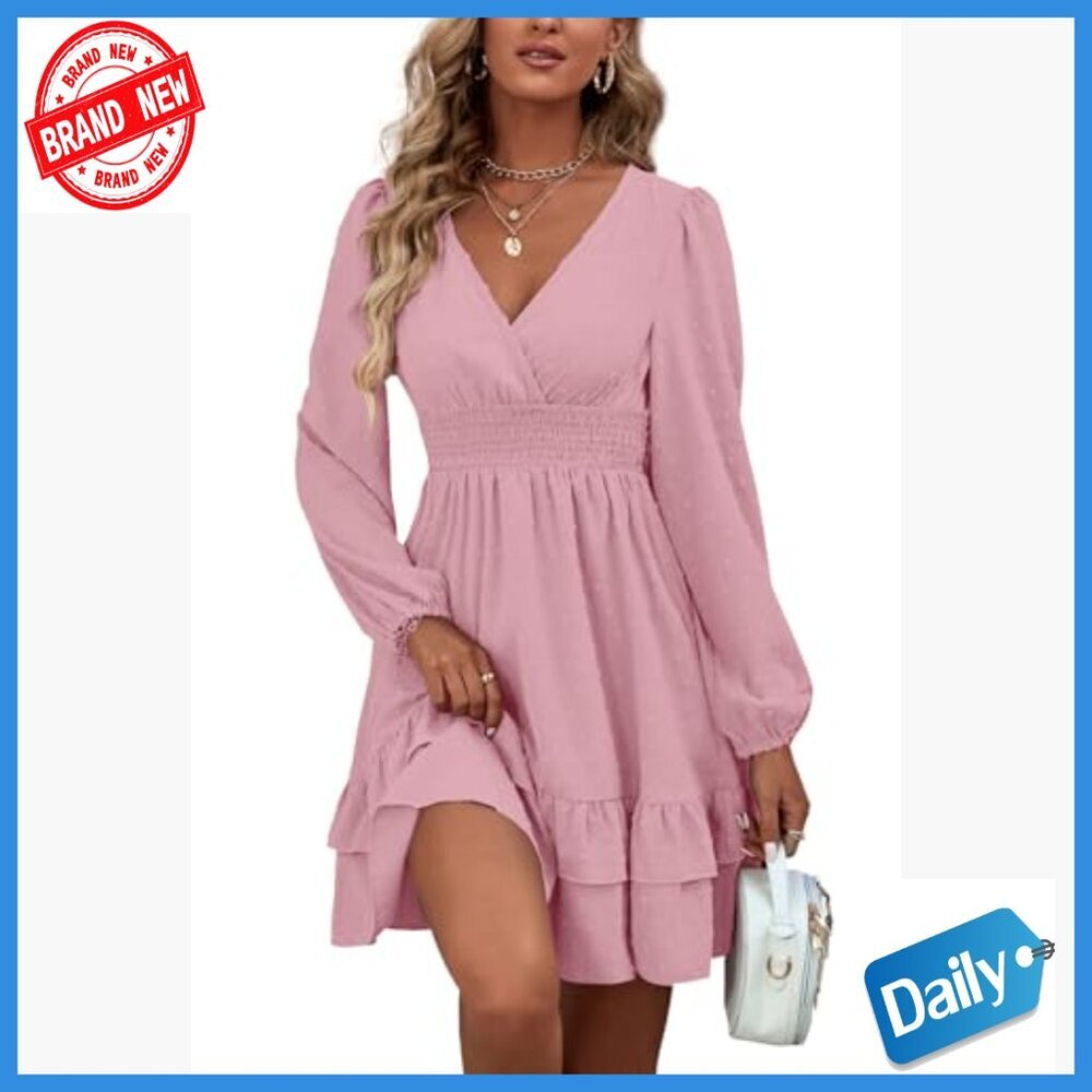 Wrap V-Neck Swing Ruffle Long Sleeve Mini Dress, Lightweight Polyester - Picture 3 of 7